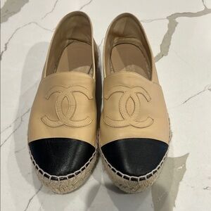 CHANEL lambskin Cream and Black Espadrille Shoes